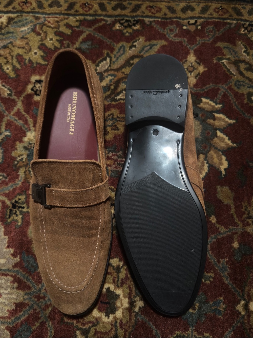 Bruno Magli Chestnut Suede Slip-On Loafers with Buckle